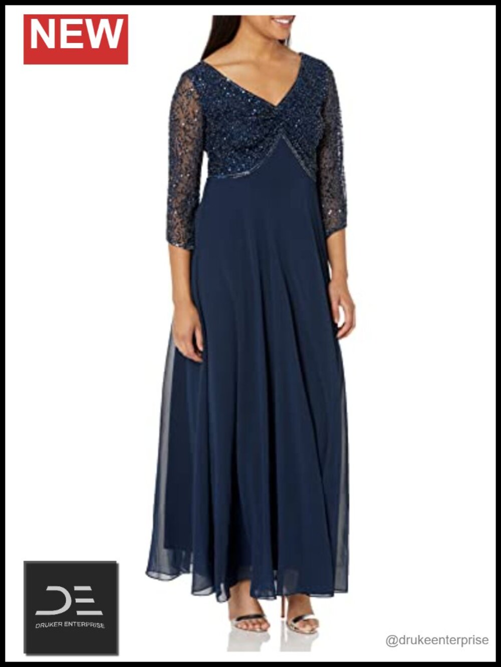 Beaded 3/4 Sleeve V-Neck Long Formal Gown